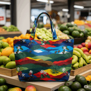 Bolso tote para mercar "Aventura Verde" con un diseño vibrante de montañas onduladas en tonos verdes, azules, amarillos y rojos, adornado con ilustraciones de granos y flores de café y hojas de palma. Fabricado con material reciclado.
