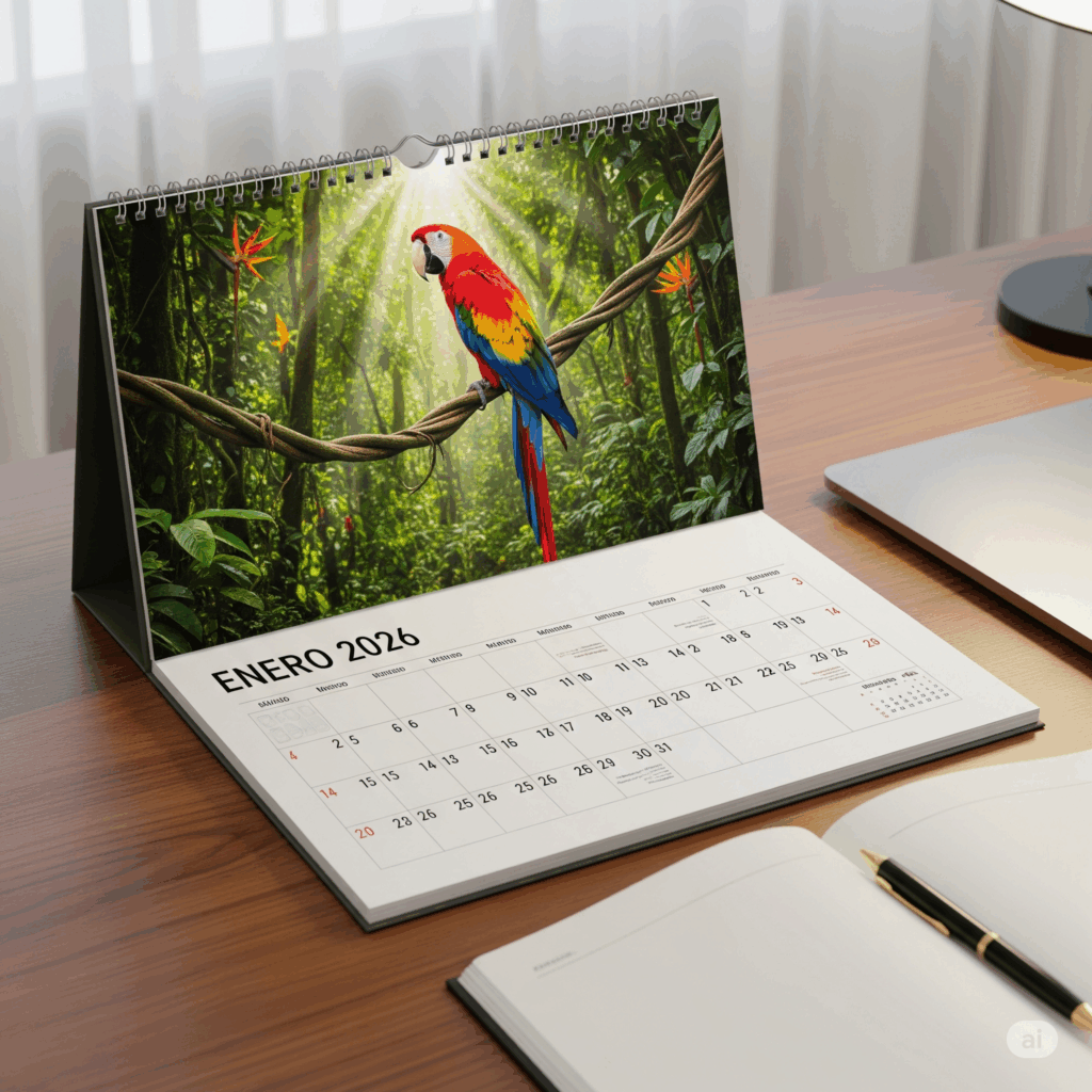 Calendario de escritorio Aventura Verde 2026 abierto en el mes de Enero, mostrando una vibrante fotografía de un guacamayo rojo y azul posado en una liana en la selva tropical colombiana con rayos de sol. El calendario es de base triangular y está sobre un escritorio de madera.
