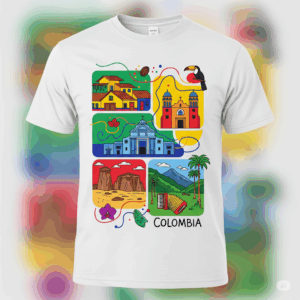 Camiseta blanca con diseño artístico y colorido de iconos de Colombia: casas coloniales, catedral, Desierto de la Tatacoa, paisajes montañosos con palmas, acordeón, café, orquídea y tucán. Regalo ideal para amantes de Colombia y viajeros.