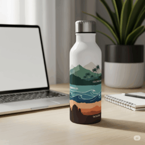 Botella reutilizable "Aventura Líquida" de acero inoxidable con diseño de paisajes colombianos: montañas, palmas de Cocora, olas del Caribe y desierto de la Tatacoa.