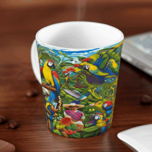 Taza de café blanca con ilustraciones vibrantes de guacamayas azules y amarillas en follaje tropical, junto a un personaje con sombrero vueltiao. Representa la riqueza de la fauna y cultura del café en Colombia. Ideal para viajeros que buscan turismo colombiano auténtico y paquetes turísticos en Colombia, destacando la experiencia de viajar en Colombia con Colombiajero.