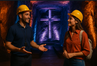 Dos personas en la mina de zipaquira, simbolizando la majestuosidad de la Catedral de Sal de Zipaquirá.